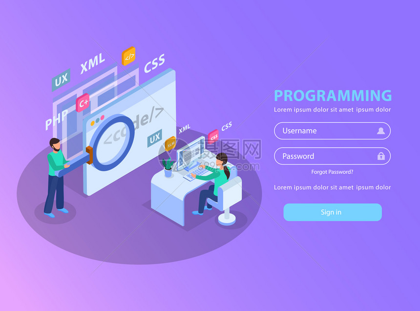 网页开发等距背景标志页与图像字段的登录密码矢量插图
