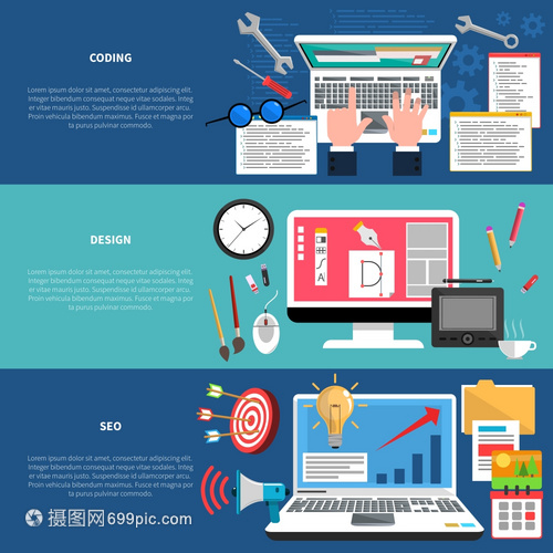 网页开发水平横幅编码SEO元素隔离矢量插图网页开发横幅