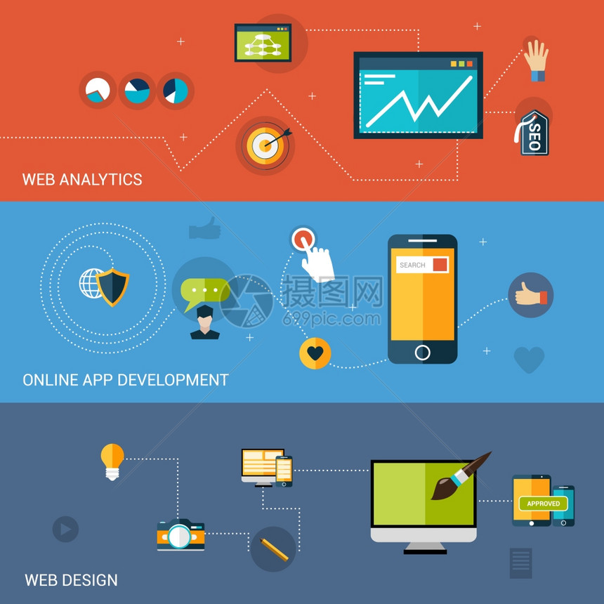 网页开发中的横幅设计与分析线应用程序元素孤立插图